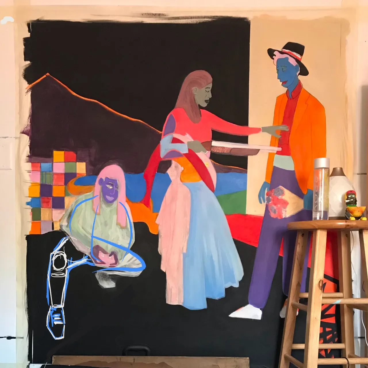 Large figurative painting with three characters in coral, violet and black