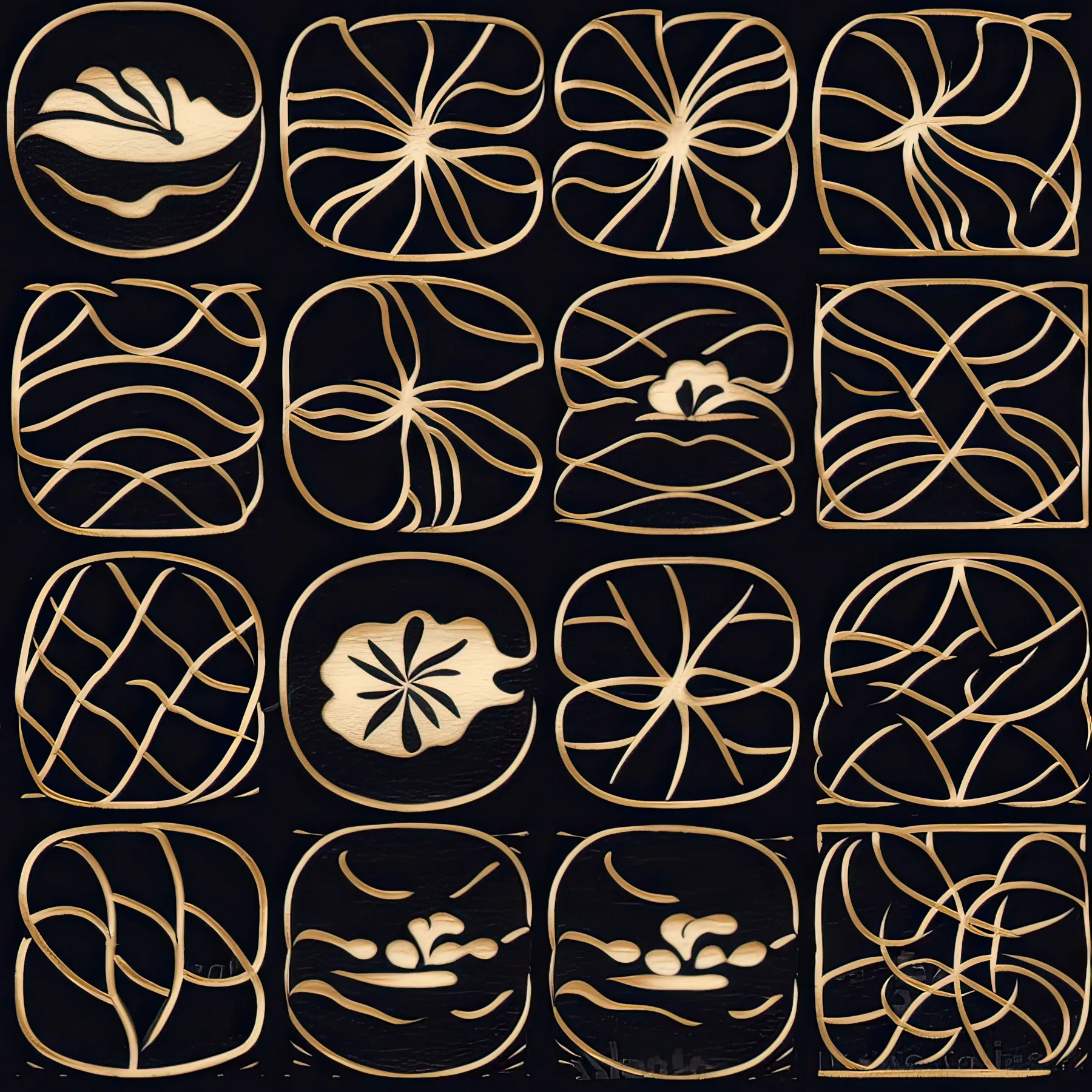 Gold botanical motifs arranged on a black ground