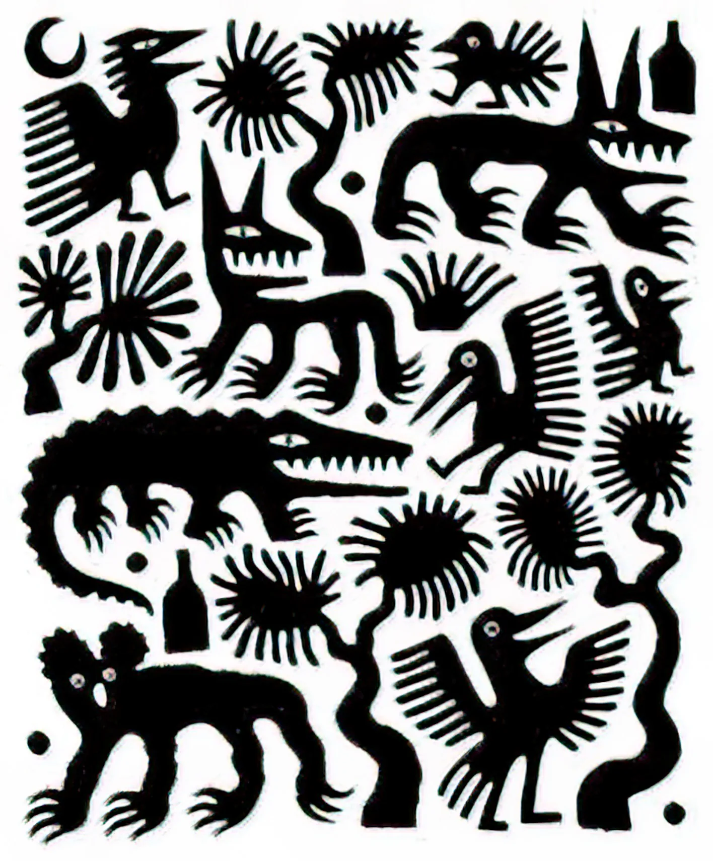 Black ink pattern of animals, plants and abstract marks